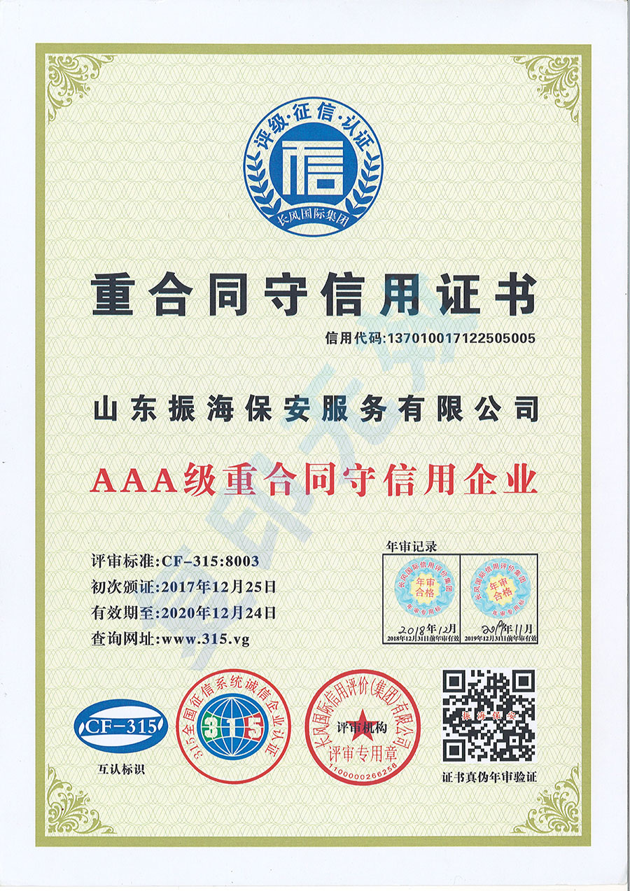 重合同守信用證書